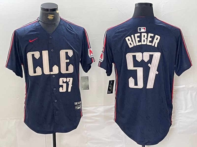 Men Cleveland Indians 57 Bieber Blue City Edition Nike 2024 MLB Jersey style 7